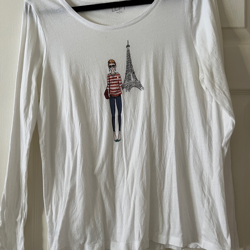 LOFT White Long Sleeve Tee with Eiffel Tower Graphic